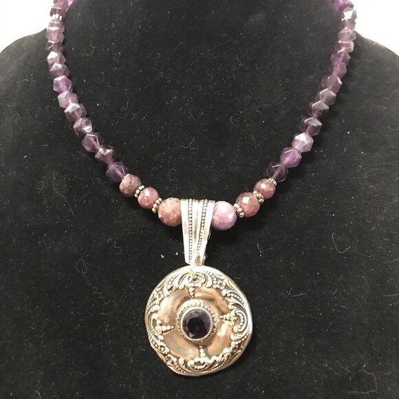 Aria - Antique Silver Amethyst Necklace - February  Antique Sterling Silver 925 Amethyst Genuine Ruby Gemstone Necklace Pendant